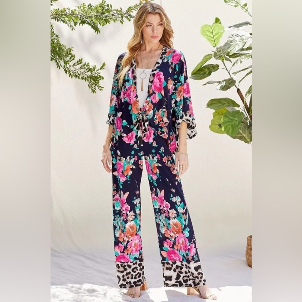 PINK FLORAL AND LEOPARD MIX PRINT KIMONO PANTS RESORT SET